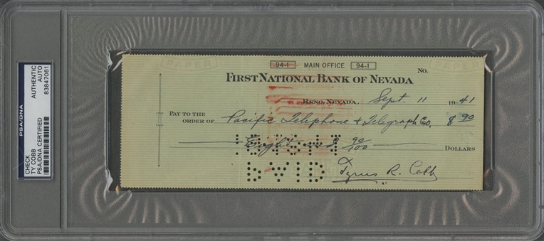 1941 Ty Cobb Signed Check (PSA/DNA)